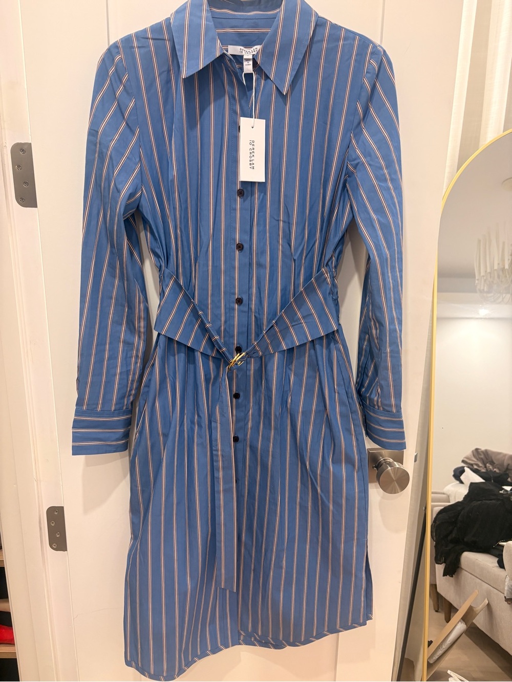 Derek Lam Blue Striped Long-Sleeve Shirt Dress with Belt